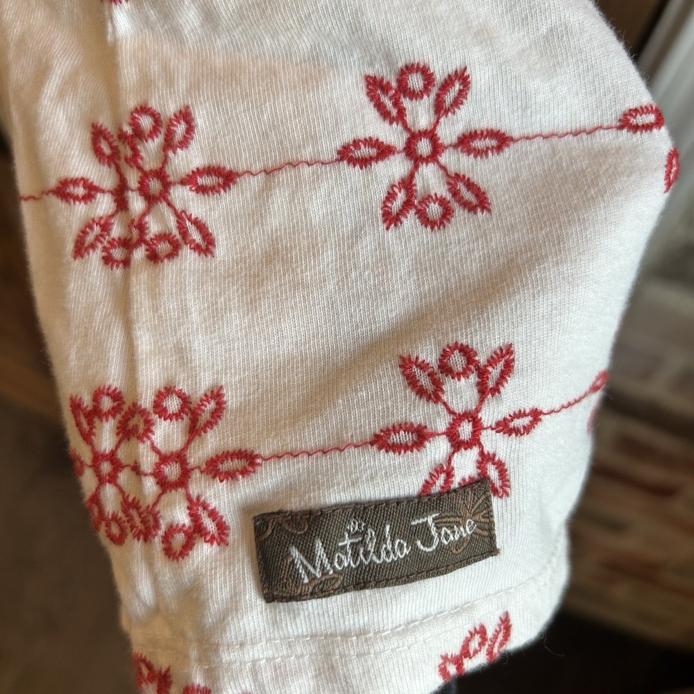 Matilda Jane Embroidered Top Womens Medium White Red Boho Lace V-Neck Cotton - Picture 3 of 4